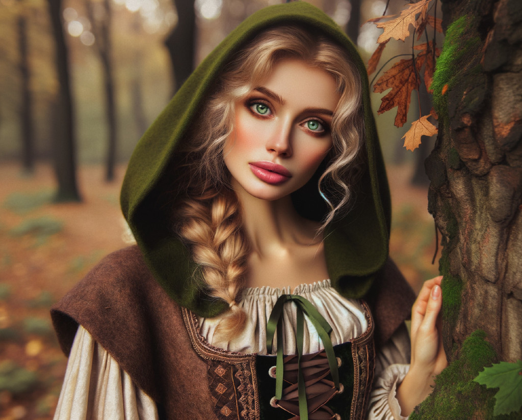 Young woman in a forest wearing a green hood and cloak