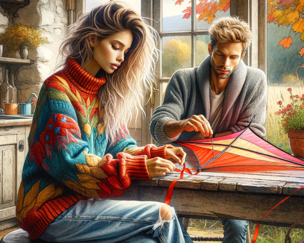Cozy Couple in Rustic Kitchen with Autumn View