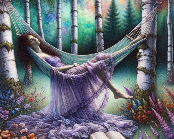 Young Woman in Purple Dress Relaxing in Forest Hammock