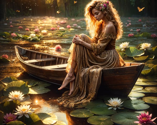 Young woman in a boat surrounded by water lilies