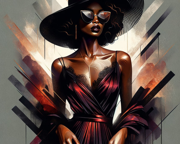 Stylish Woman in Deep Red Dress with Abstract Background