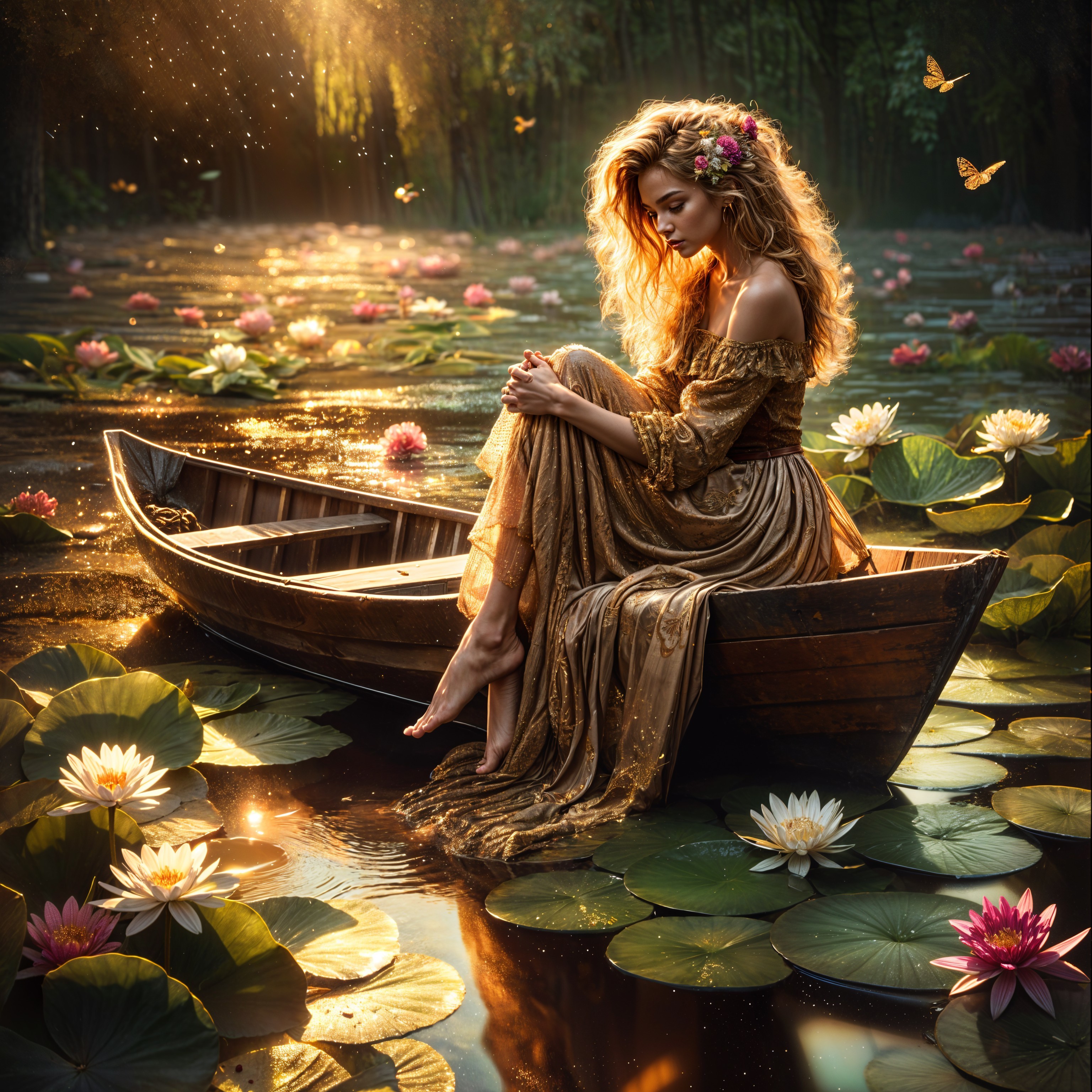 Young woman in a boat surrounded by water lilies