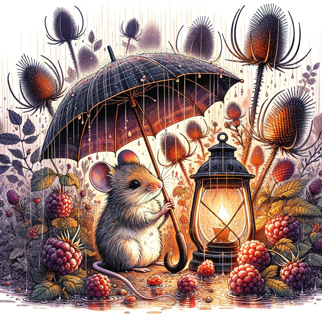 Mouse with Umbrella in Raspberry Bushes Amid Rain