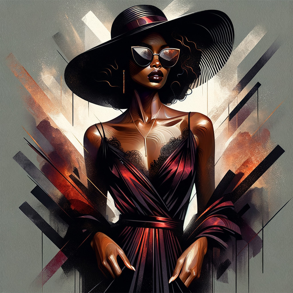 Stylish Woman in Deep Red Dress with Abstract Background