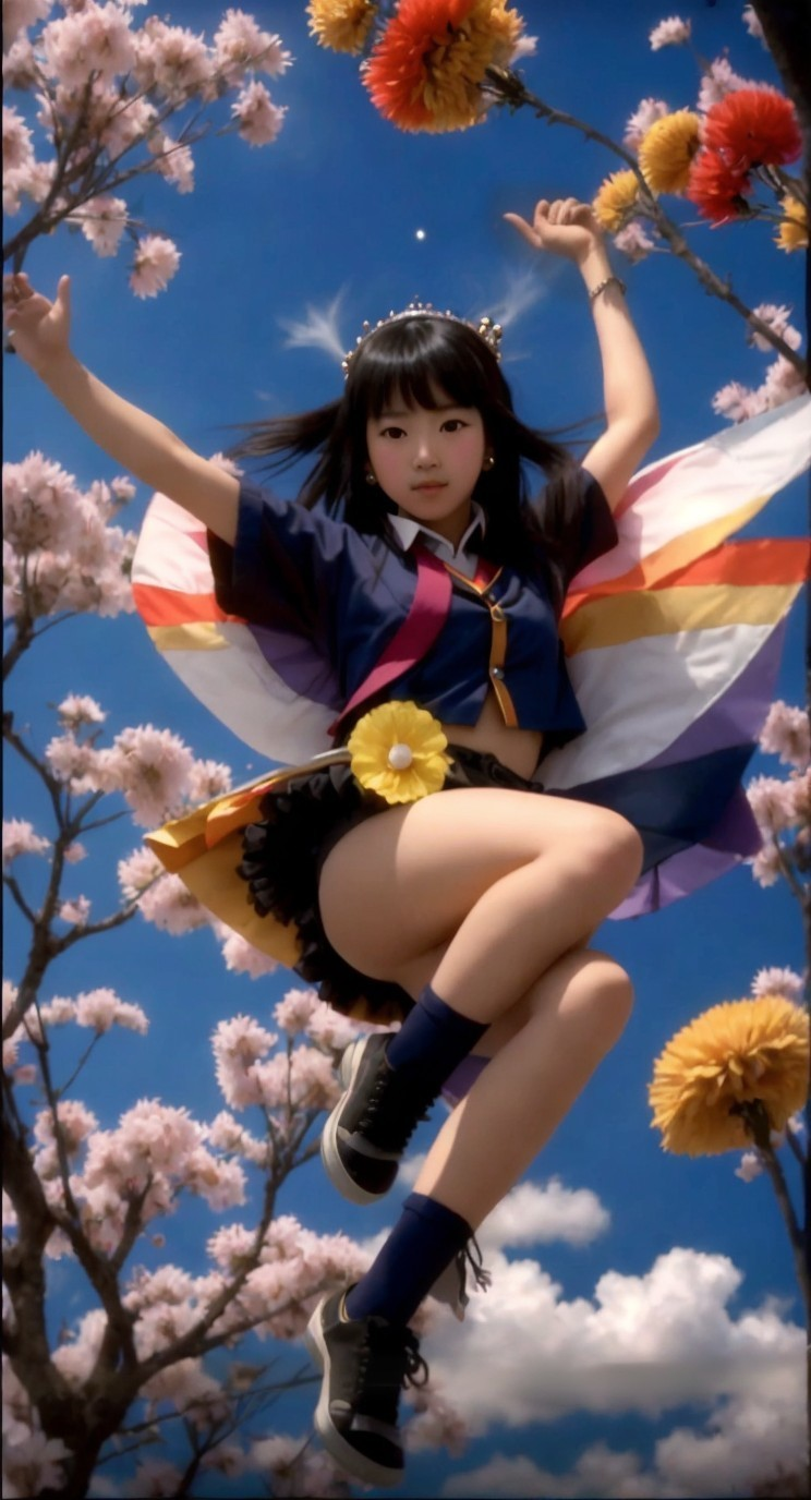 Young Girl Leaping in Colorful Outfit Among Flowers