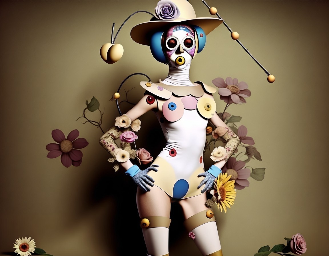 Whimsical Fashion Figure Against Floral Backdrop