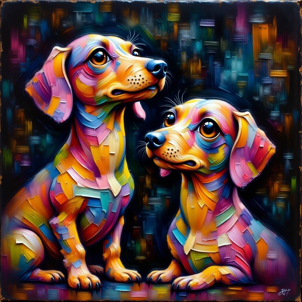 Colorful Stylized Dachshunds with Abstract Fur Patterns