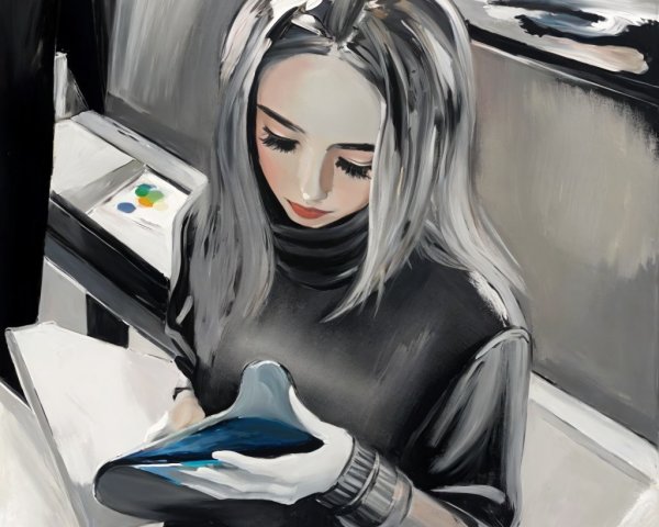 Woman with Silver Hair Examining a Sleek Object