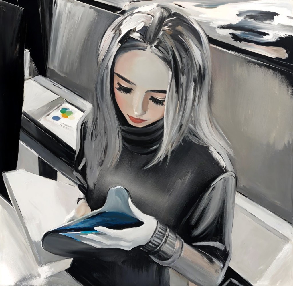 Woman with Silver Hair Examining a Sleek Object