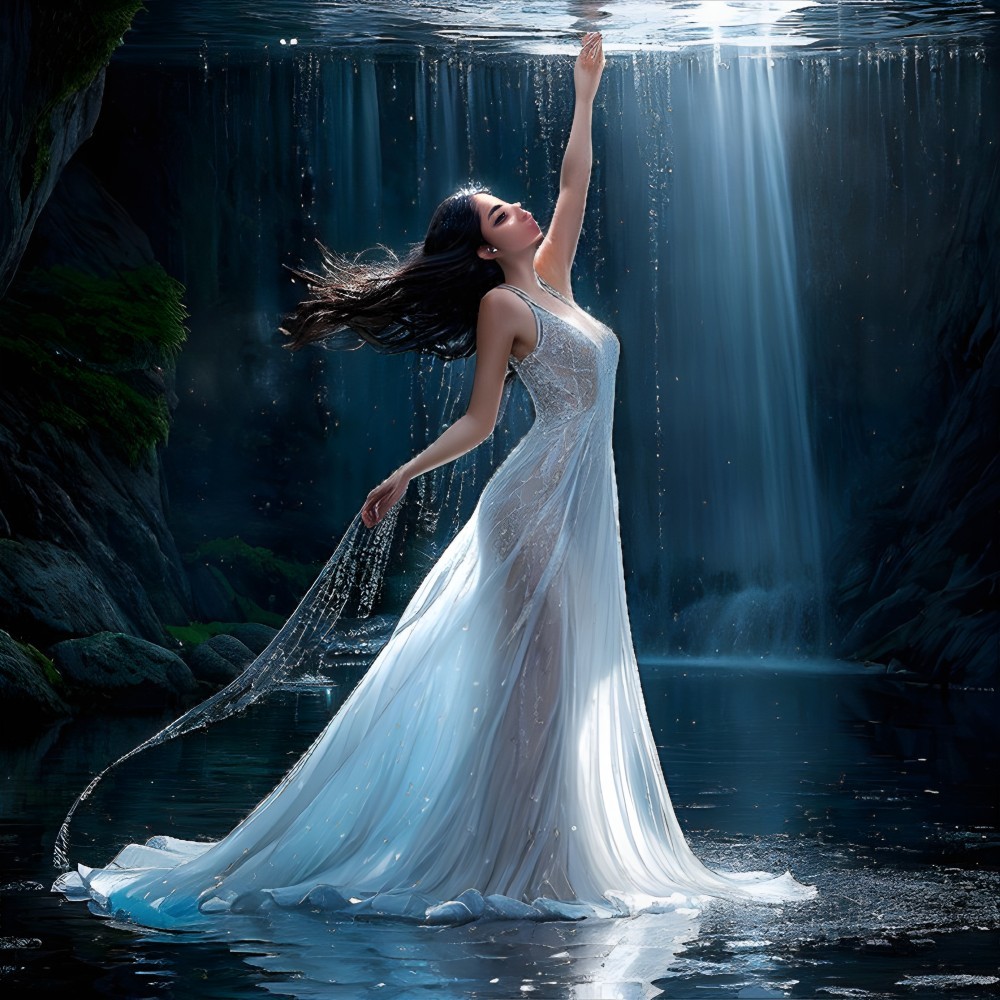 Woman in Sheer Gown in Enchanted Water Setting