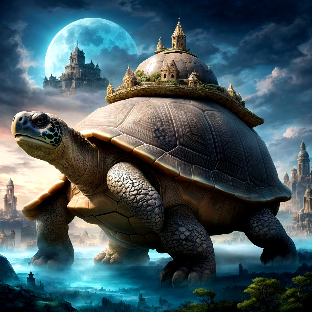 Colossal Tortoise with Castle in Misty Landscape