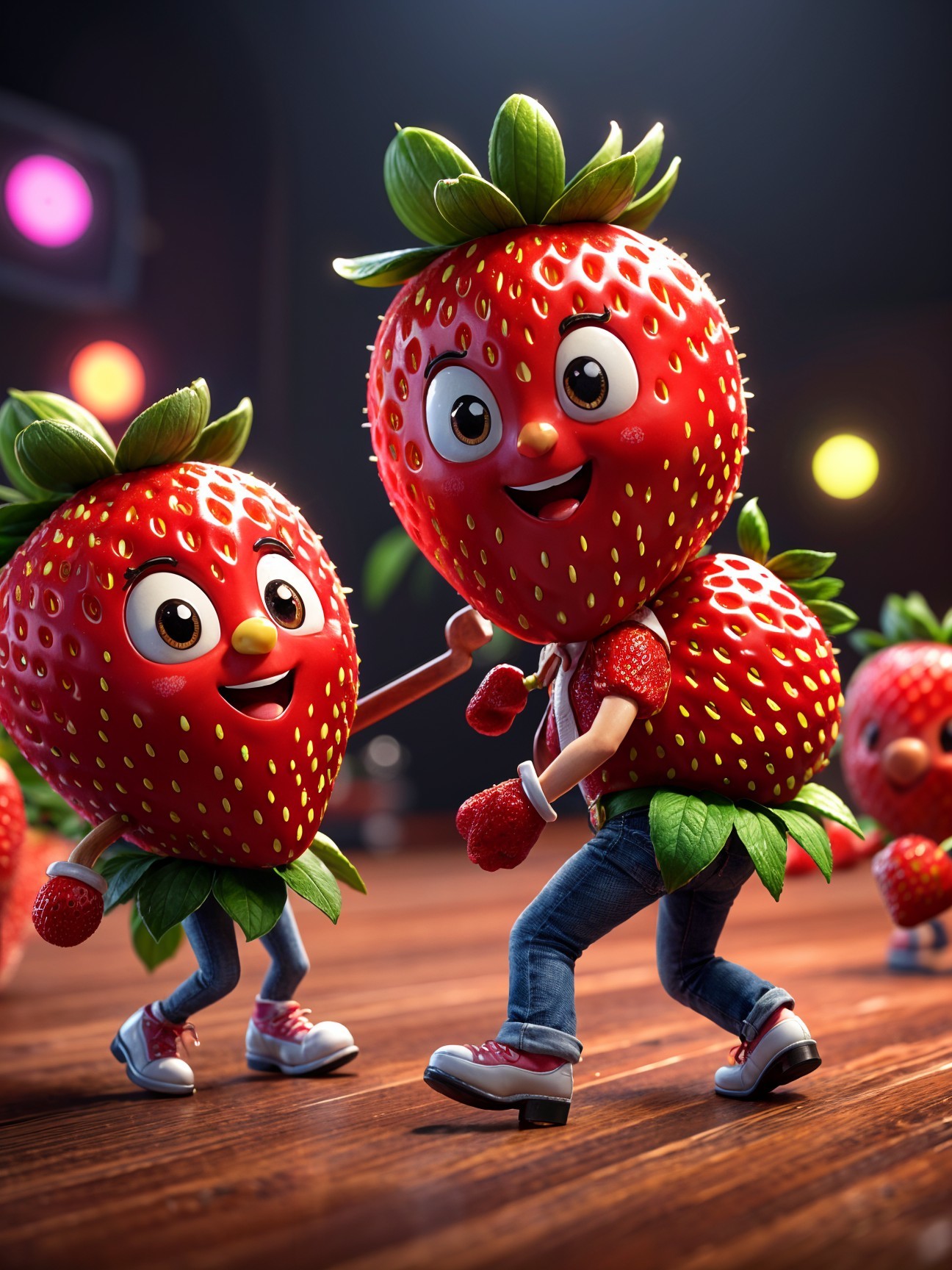 Cheerful animated strawberries dancing on wooden floor