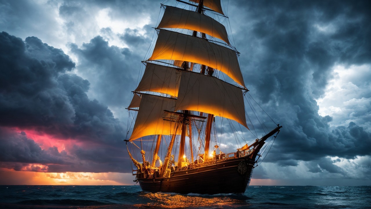 Tall ship sailing through turbulent waters at sunset
