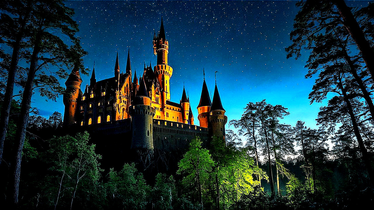 Majestic castle in a forest under twilight sky