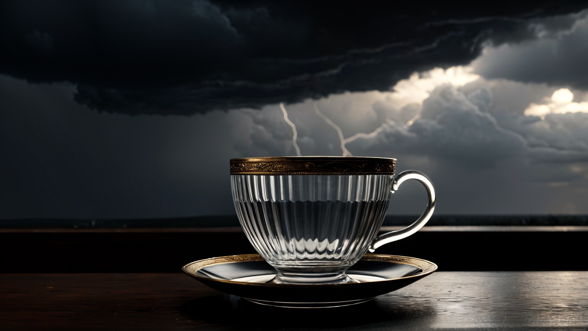 Crystal Cup on Ornate Saucer Against Stormy Sky