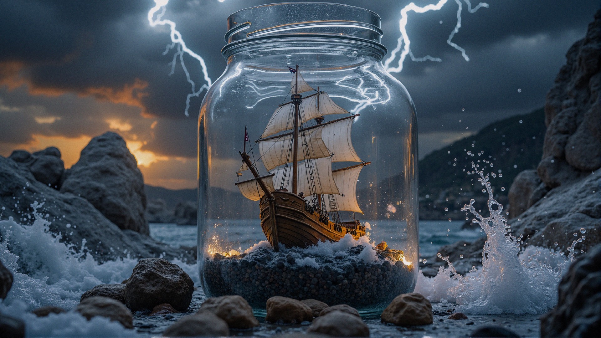 Ship in Glass Jar with Stormy Background and Rocks