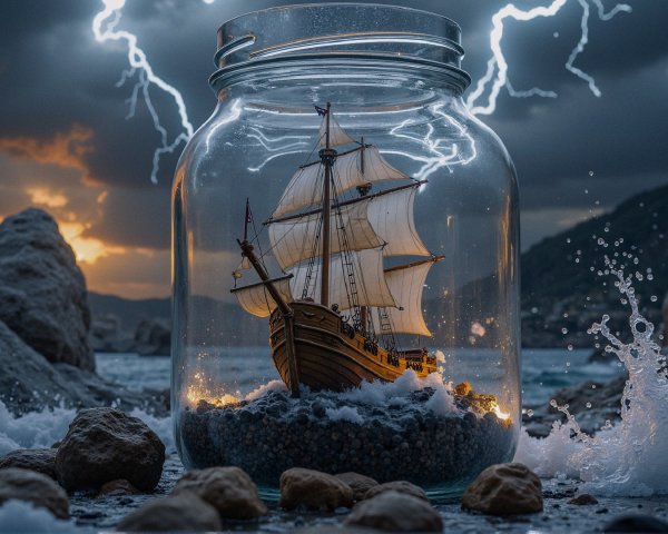 Ship in Glass Jar with Stormy Background and Rocks