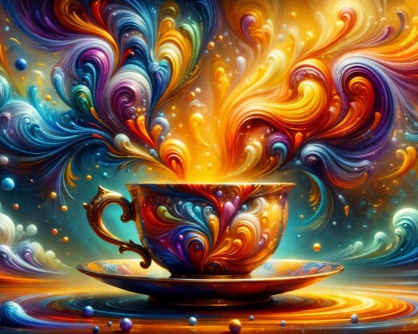 Colorful Teacup with Abstract Steam and Floating Orbs