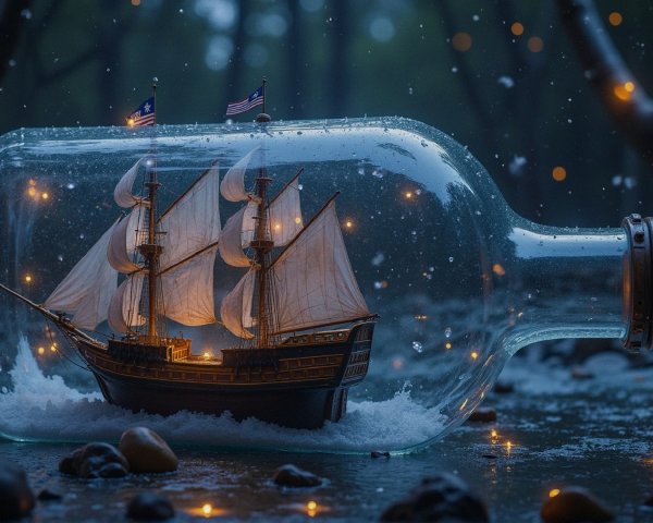 Ship in a Glass Bottle with Warm Lights and Forest Backdrop
