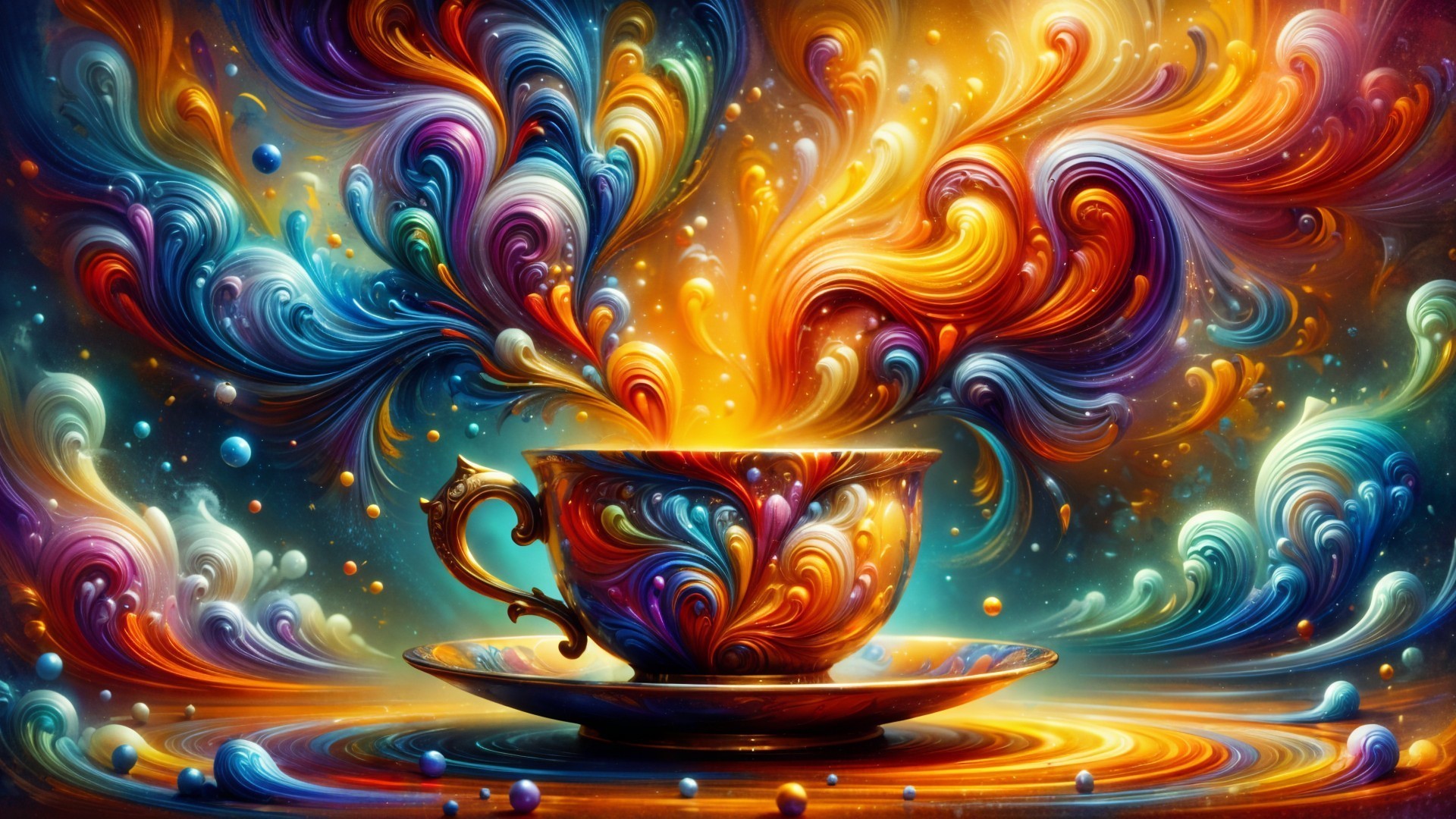 Colorful Teacup with Abstract Steam and Floating Orbs
