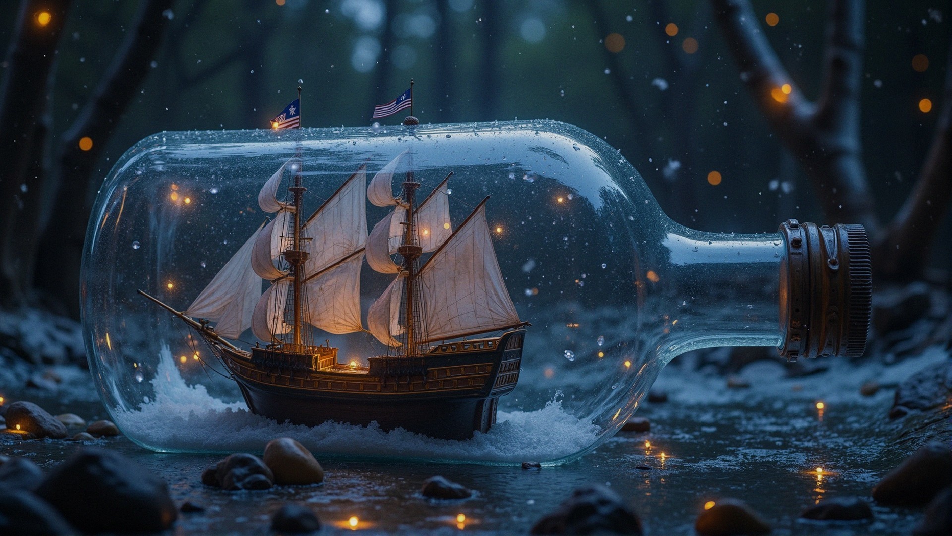 Ship in a Glass Bottle with Warm Lights and Forest Backdrop