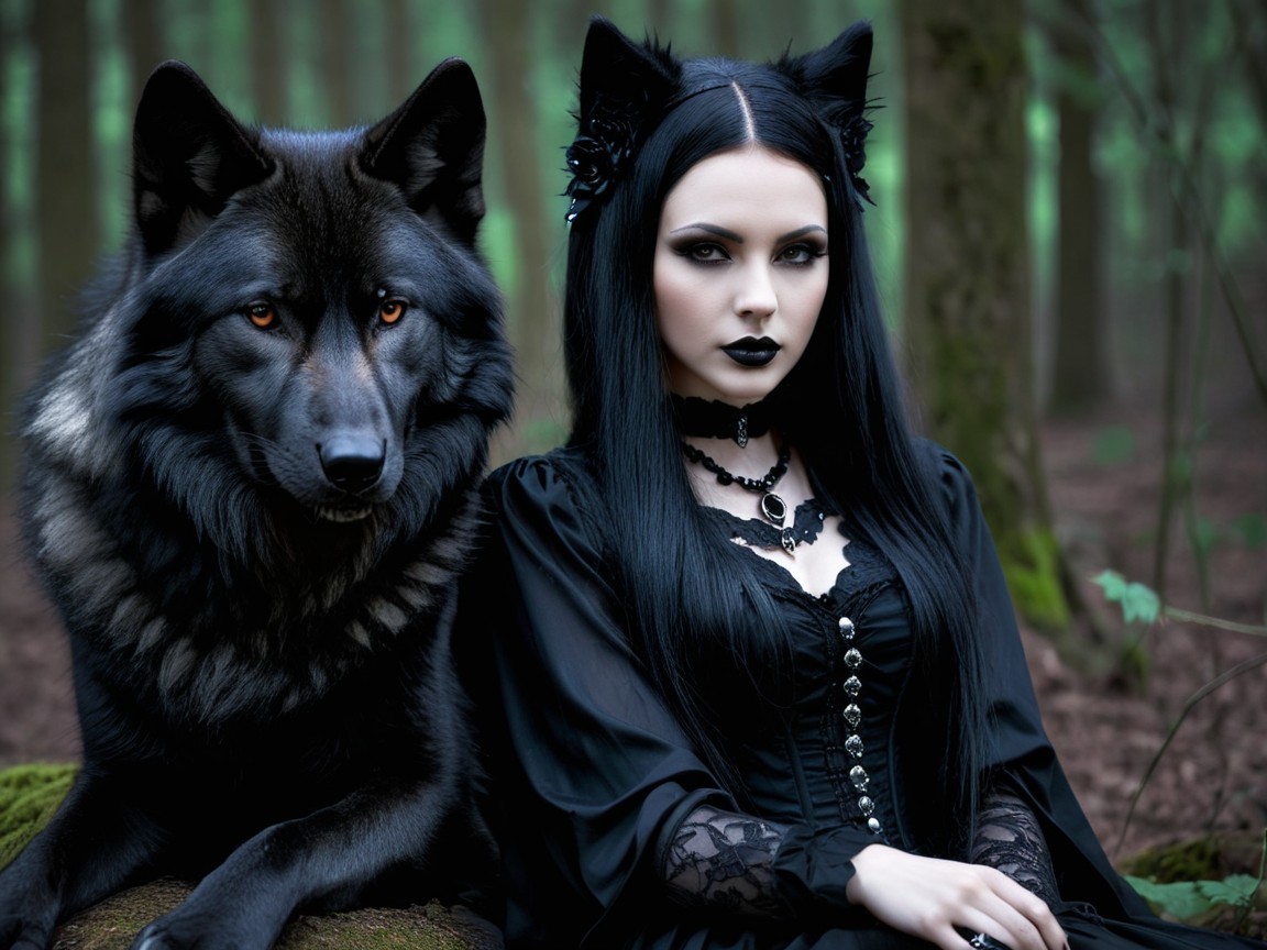 Gothic Woman and Black Wolf in Serene Forest Setting