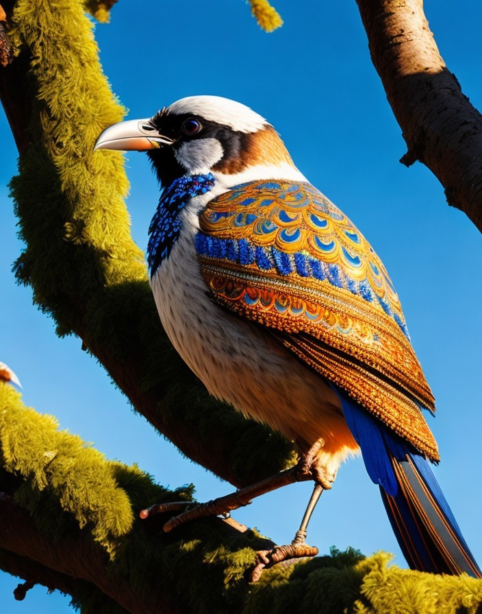 Vividly Colored Bird on Moss-Covered Branch