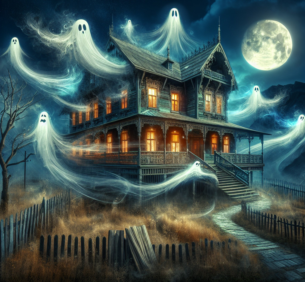 Haunting Old Mansion with Ethereal Ghosts at Night