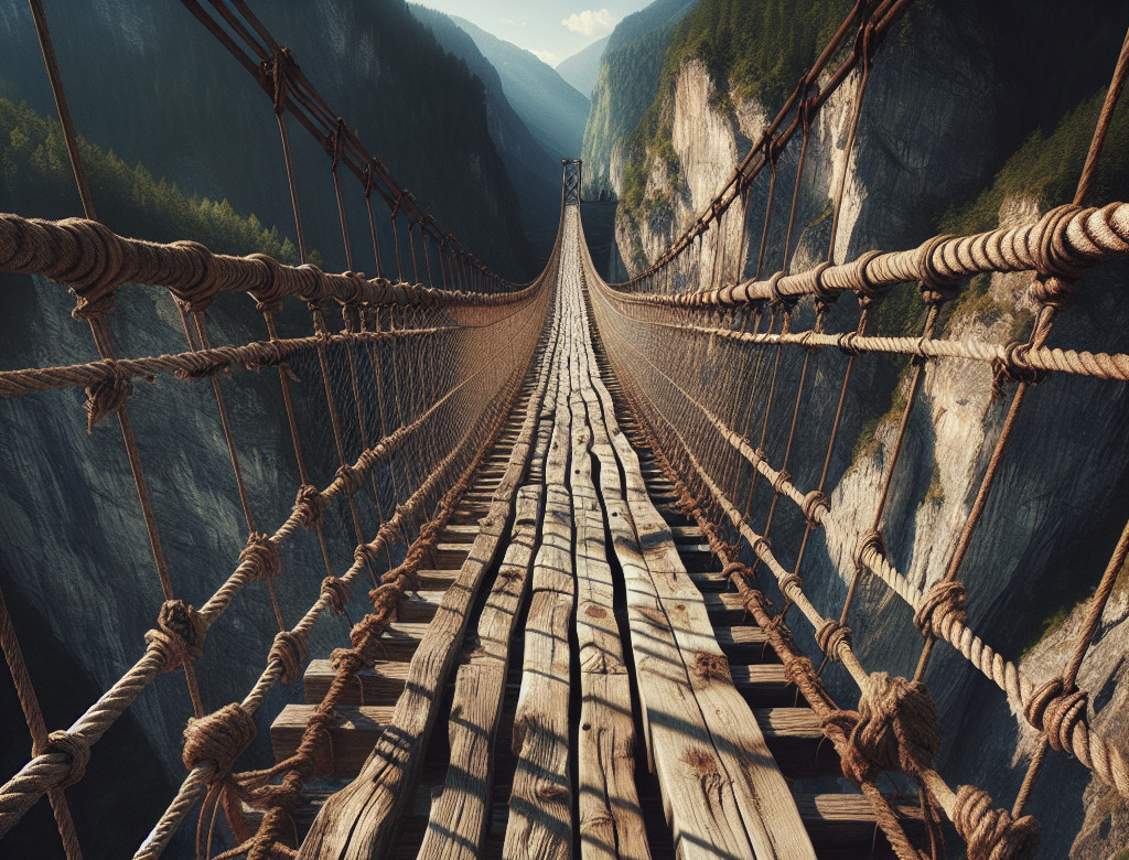 Wooden suspension bridge over a deep canyon landscape