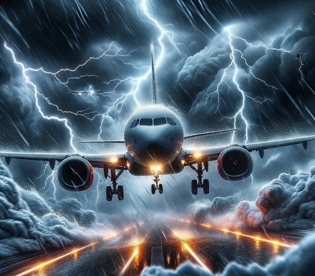 Plane Navigating Turbulent Storm with Lightning Flashes