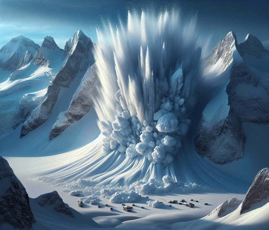 Avalanche Descending Mountain Range with Human Structures