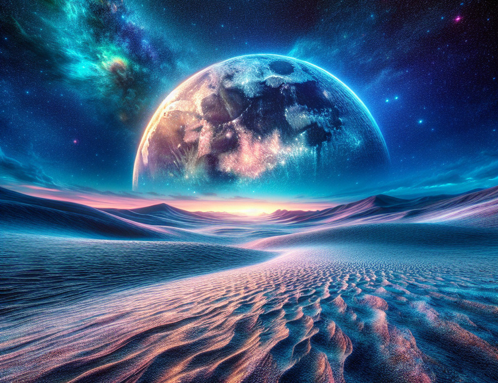 Desert Landscape Under Cosmic Sky with Vibrant Planet