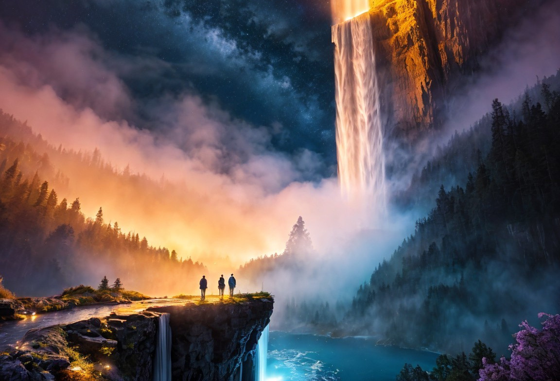 Silhouetted Figures at Waterfall Overlooking Serene Lake