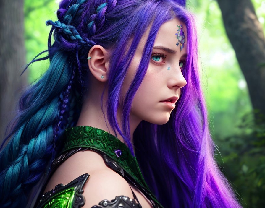 Young woman with purple and teal hair in forest