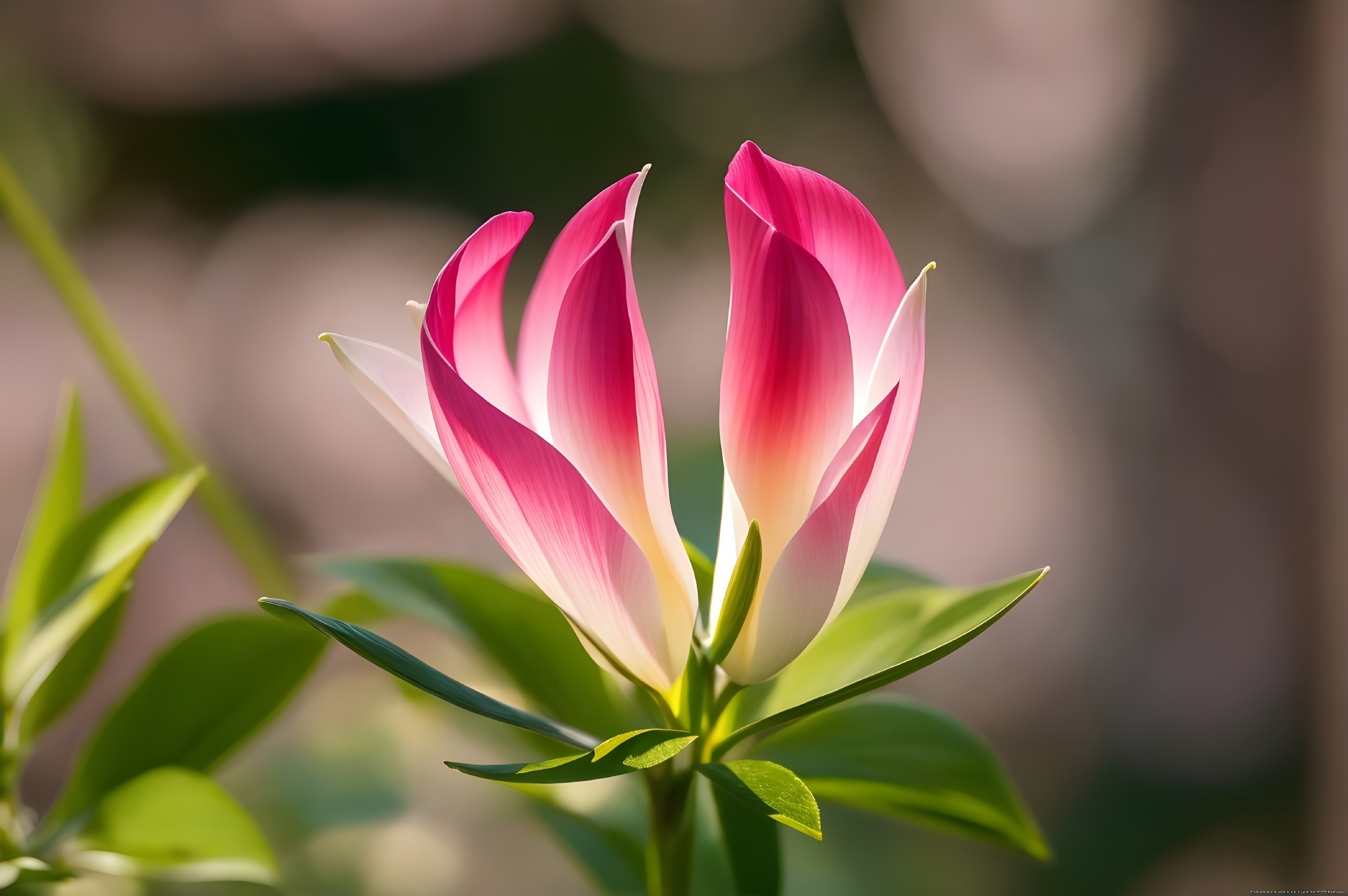 Delicate Pink and White Flower with Green Leaves