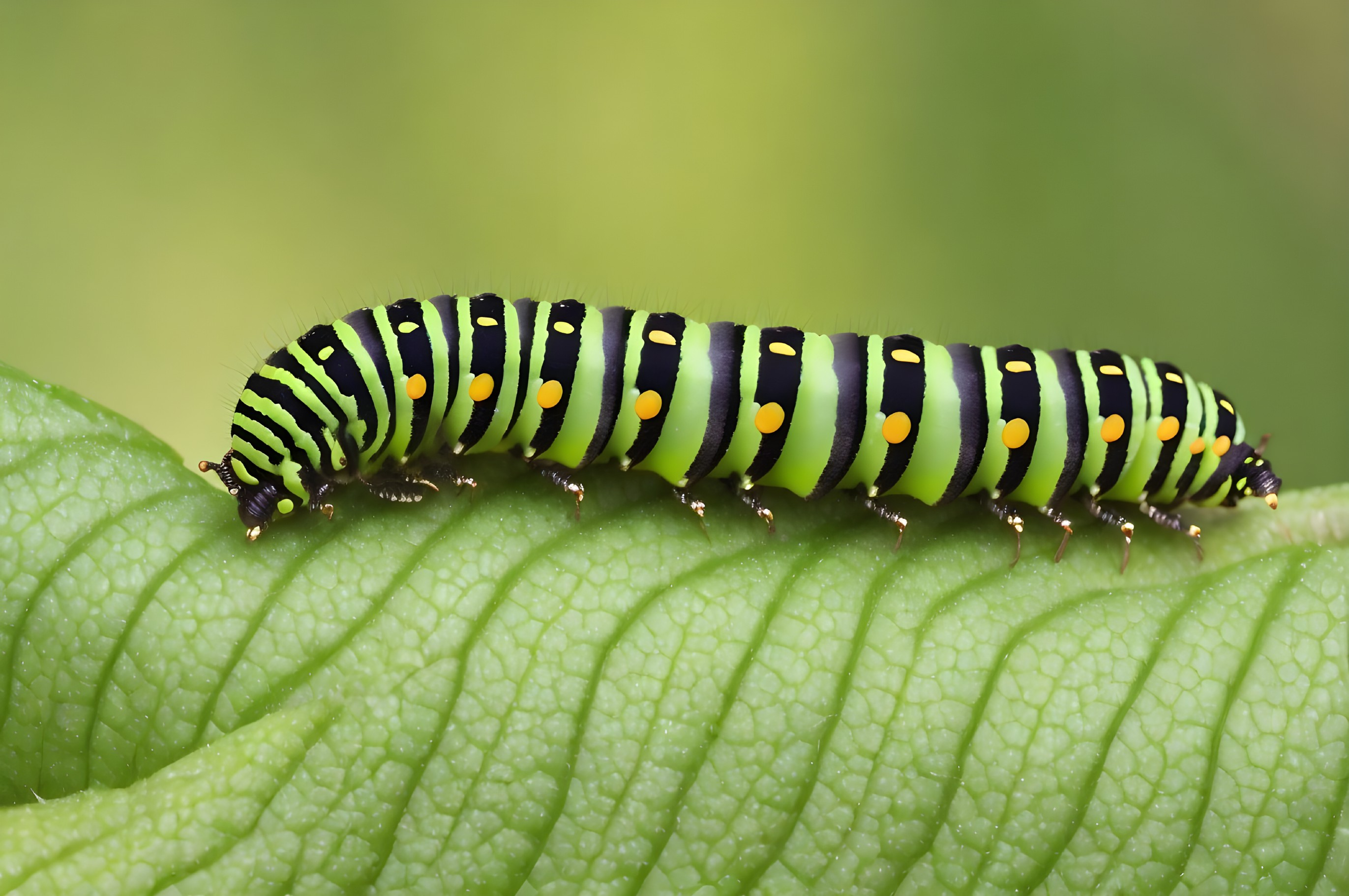Vibrant Caterpillar with Black and Green Stripes on Leaf