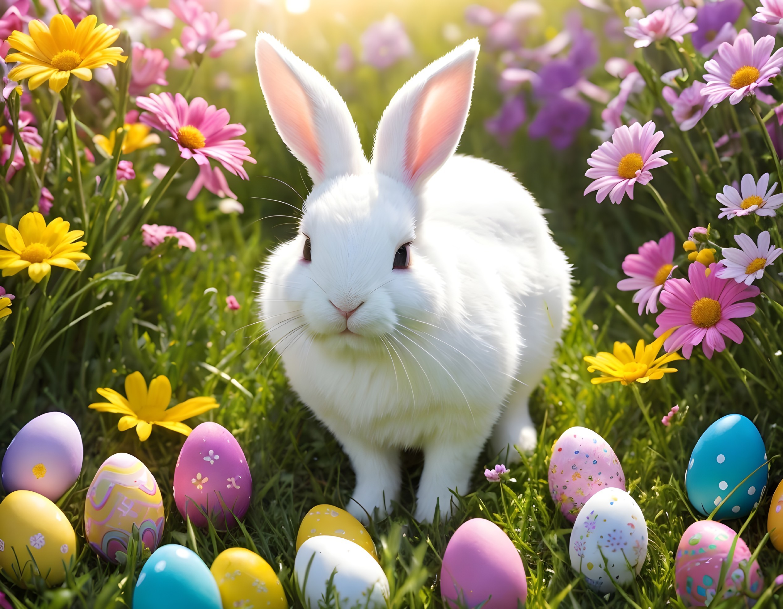 Fluffy White Rabbit in a Colorful Spring Garden