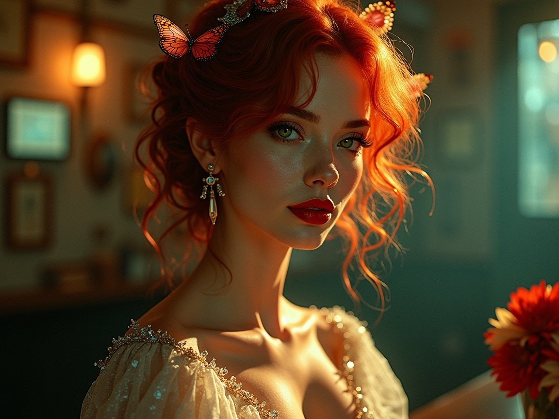 Young woman with red curls and butterflies in warm light