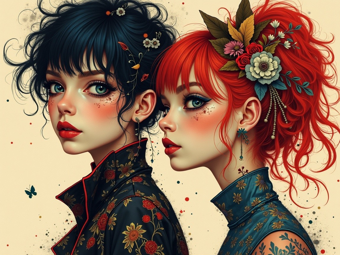 Young women with distinct hairstyles and floral accents