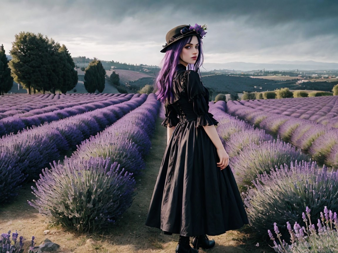 Young Woman in Lavender Field with Black Dress