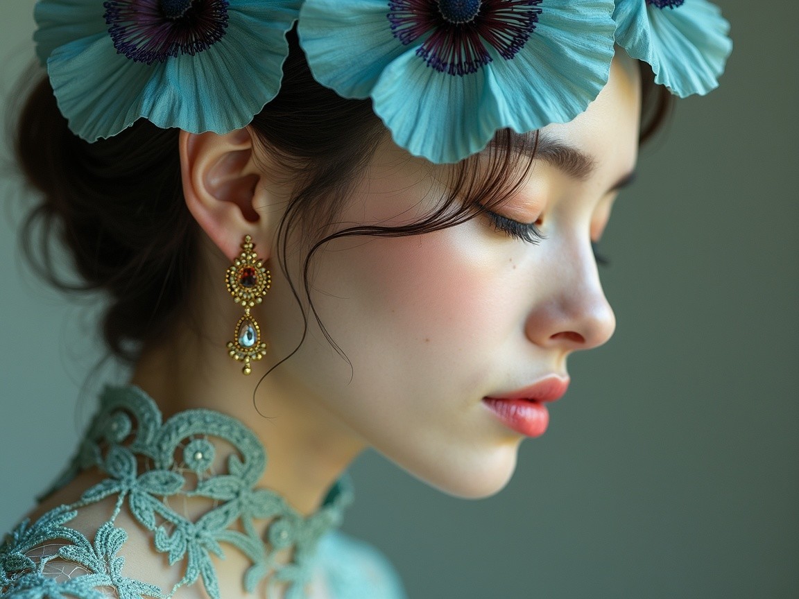 Profile of a woman with blue flowers and gold earrings