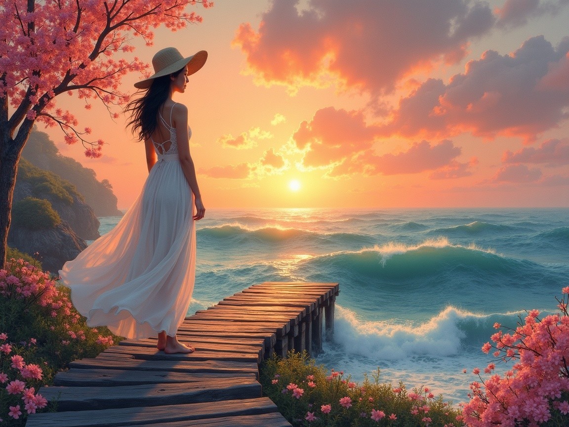 Woman in White Dress at Sunset by Cherry Blossoms