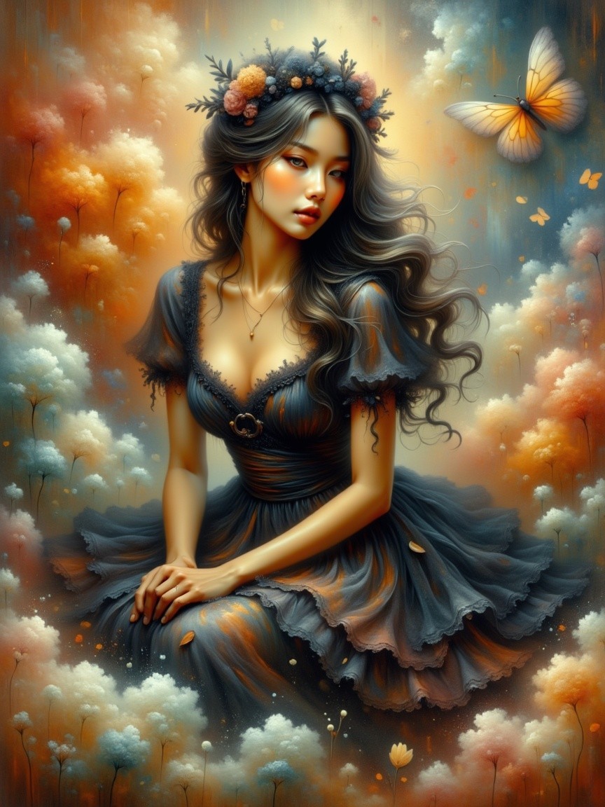 Young woman in pastel clouds with floral crown and butterfly