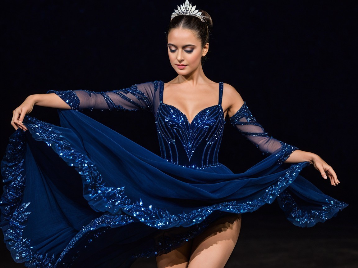 Dancer in Deep Blue Gown with Sequins and Beadwork