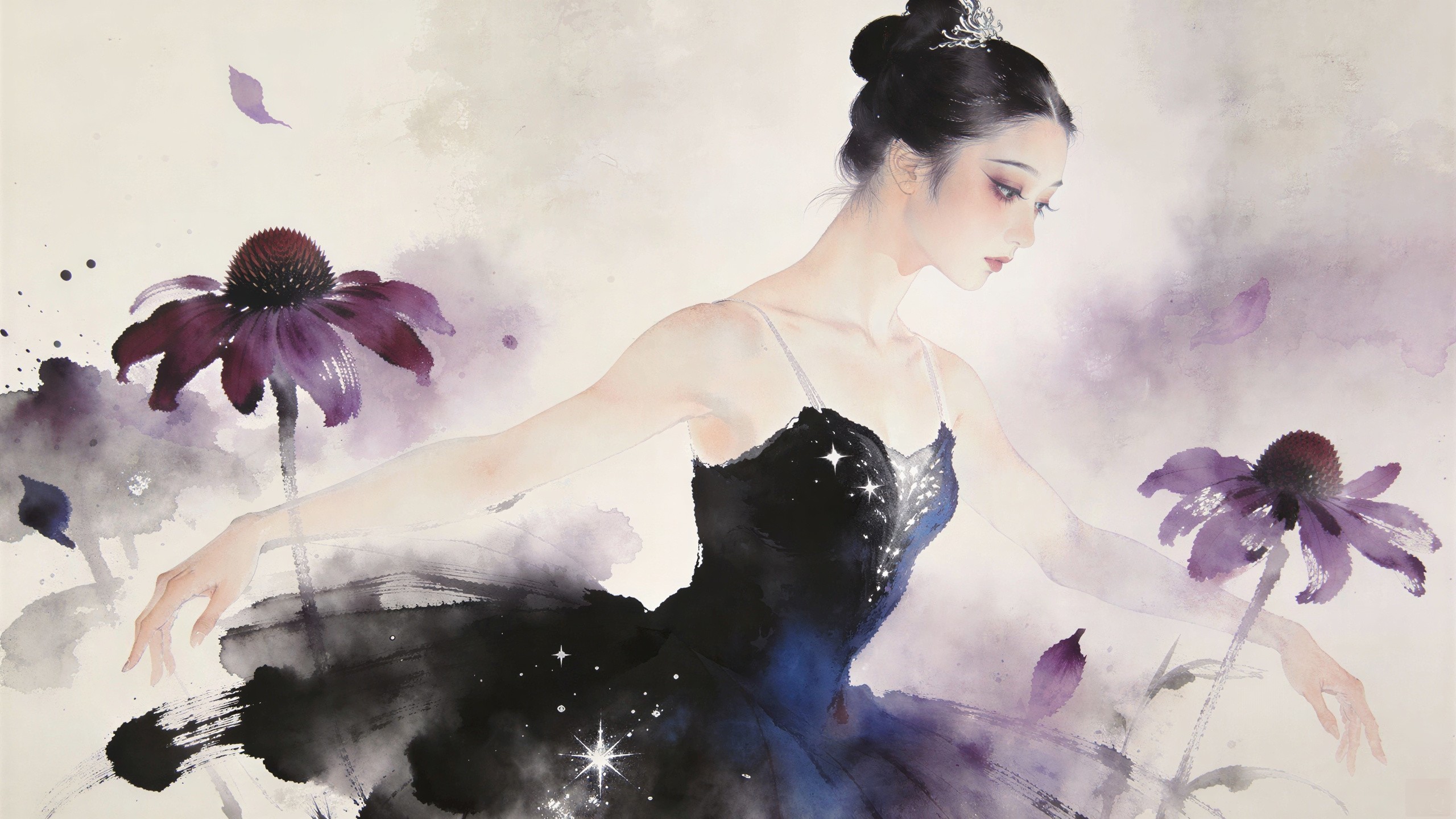 Ethereal Watercolor Ballerina in Dark Dress and Tiara