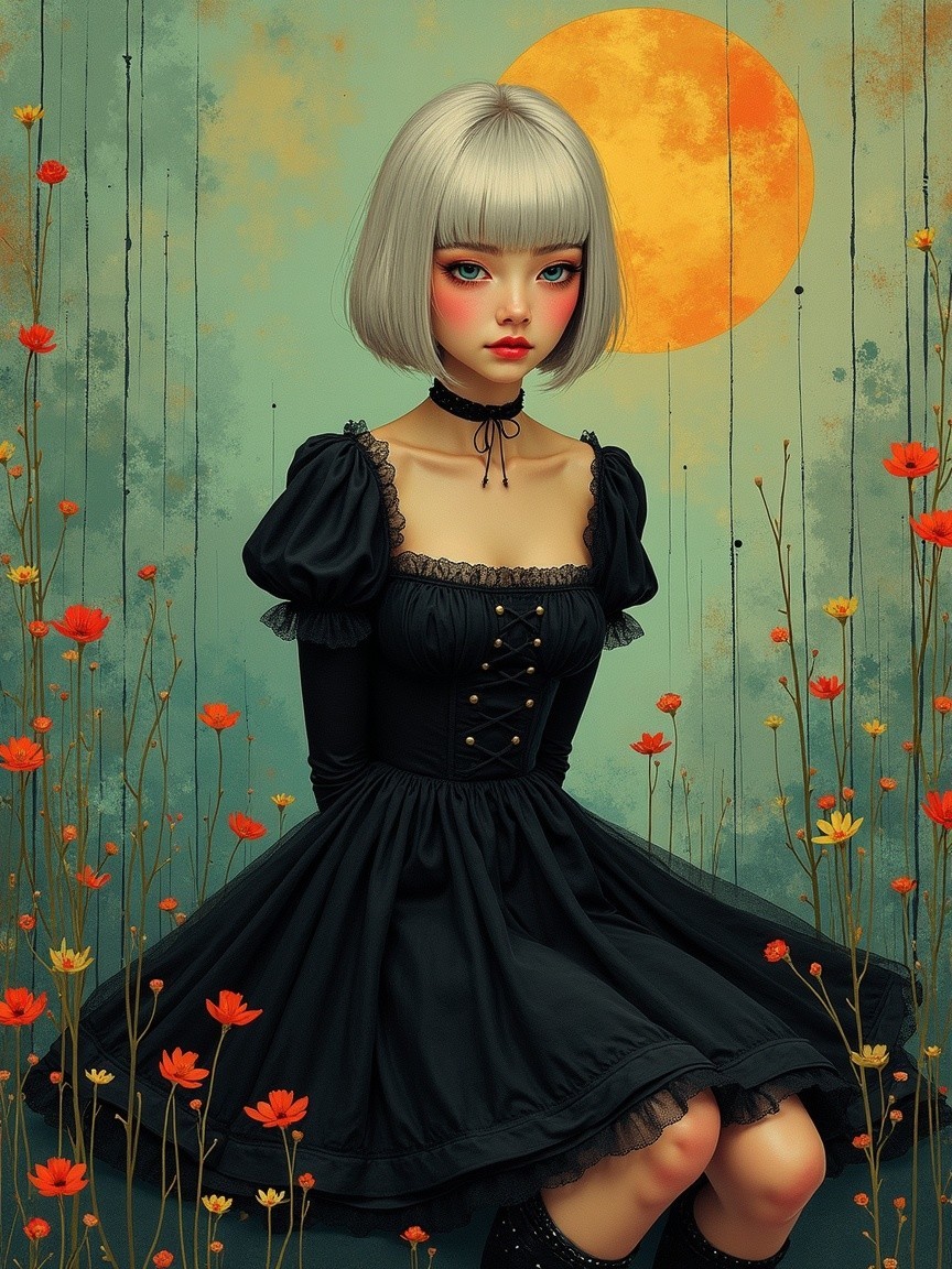 Young girl in black dress among vibrant flowers and sun