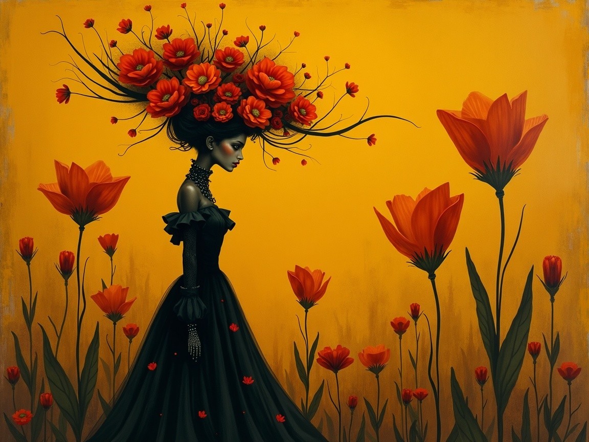 Silhouette of Woman with Floral Headdress on Orange Background