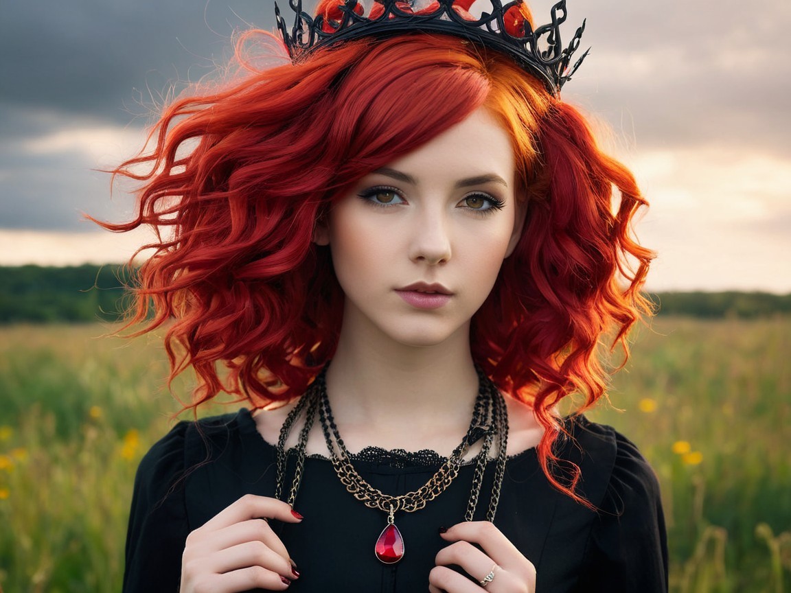 Young woman in elegant outfit in lush field setting