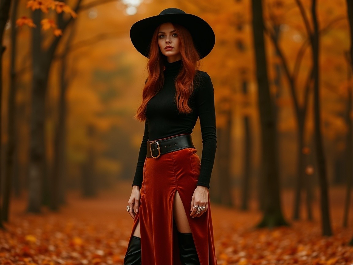 Woman in autumn forest with vibrant leaves and attire