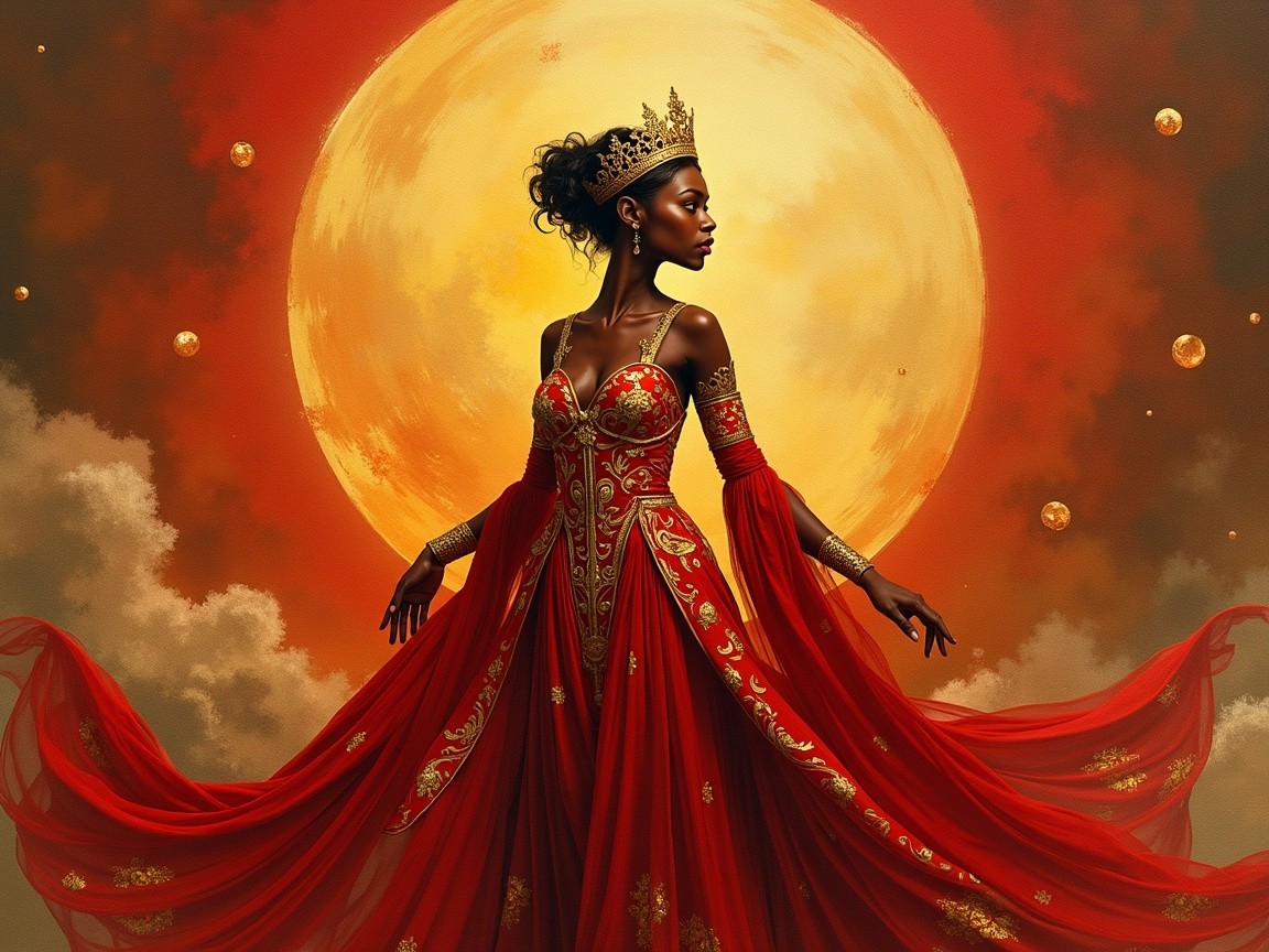 Regal figure in red gown against golden moon backdrop